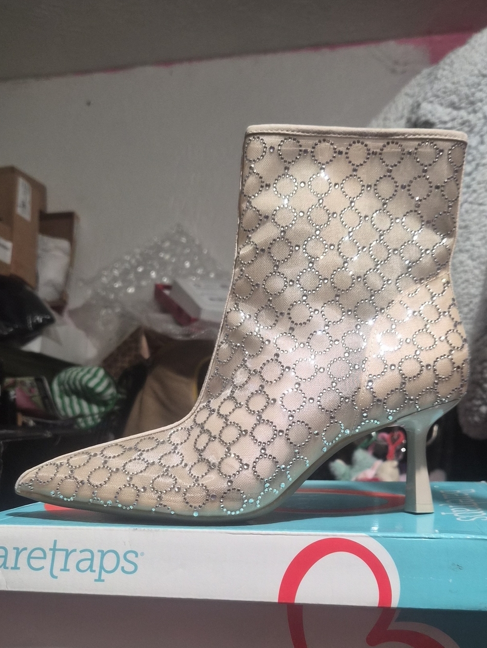 INC International Concepts Beige Crystal-Embellished Pointed Toe Ankle Bootie